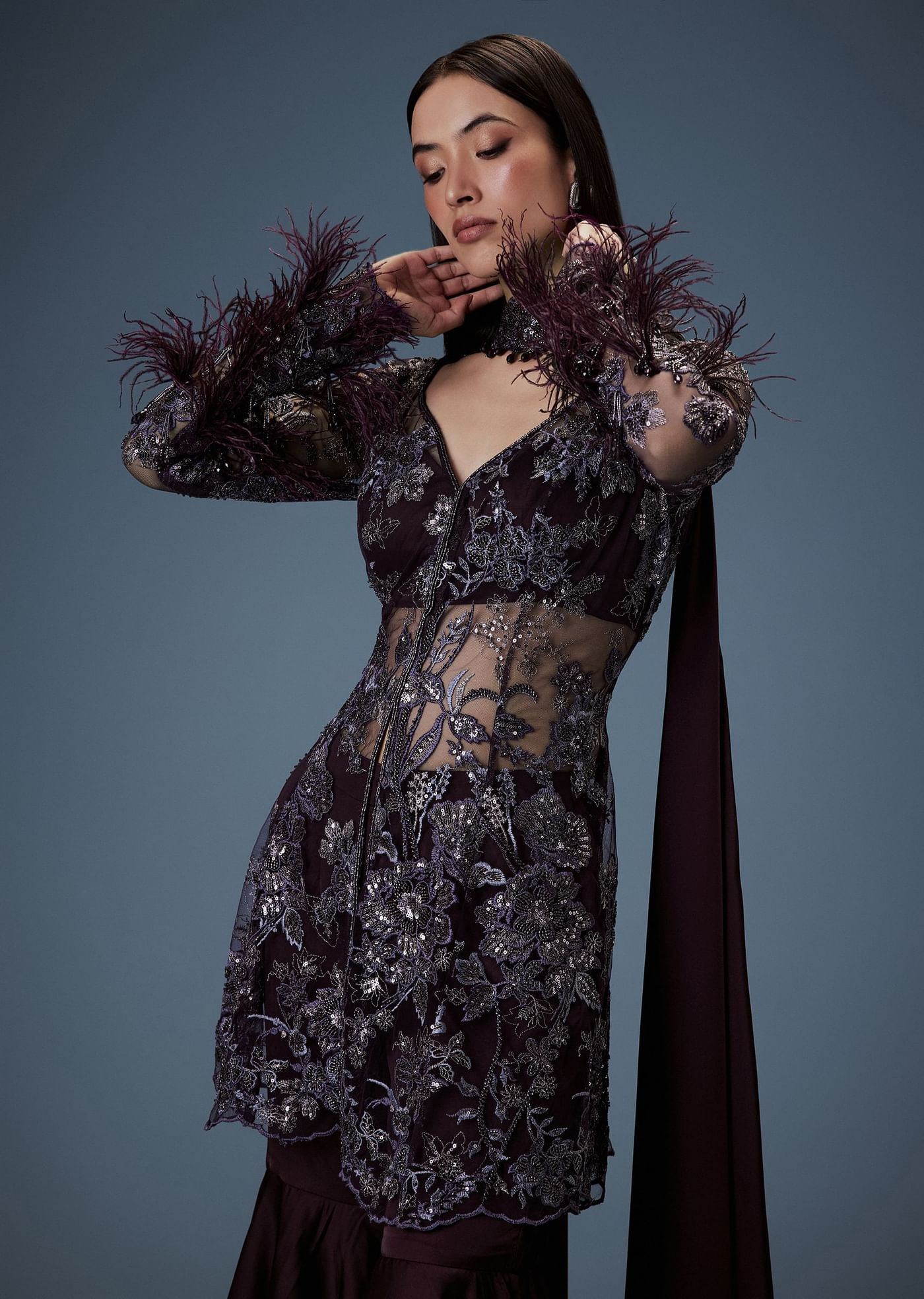 Dark Purple Satin Triple Layered Gathered Sharara With Feather Sleeves Jacket And Bustier