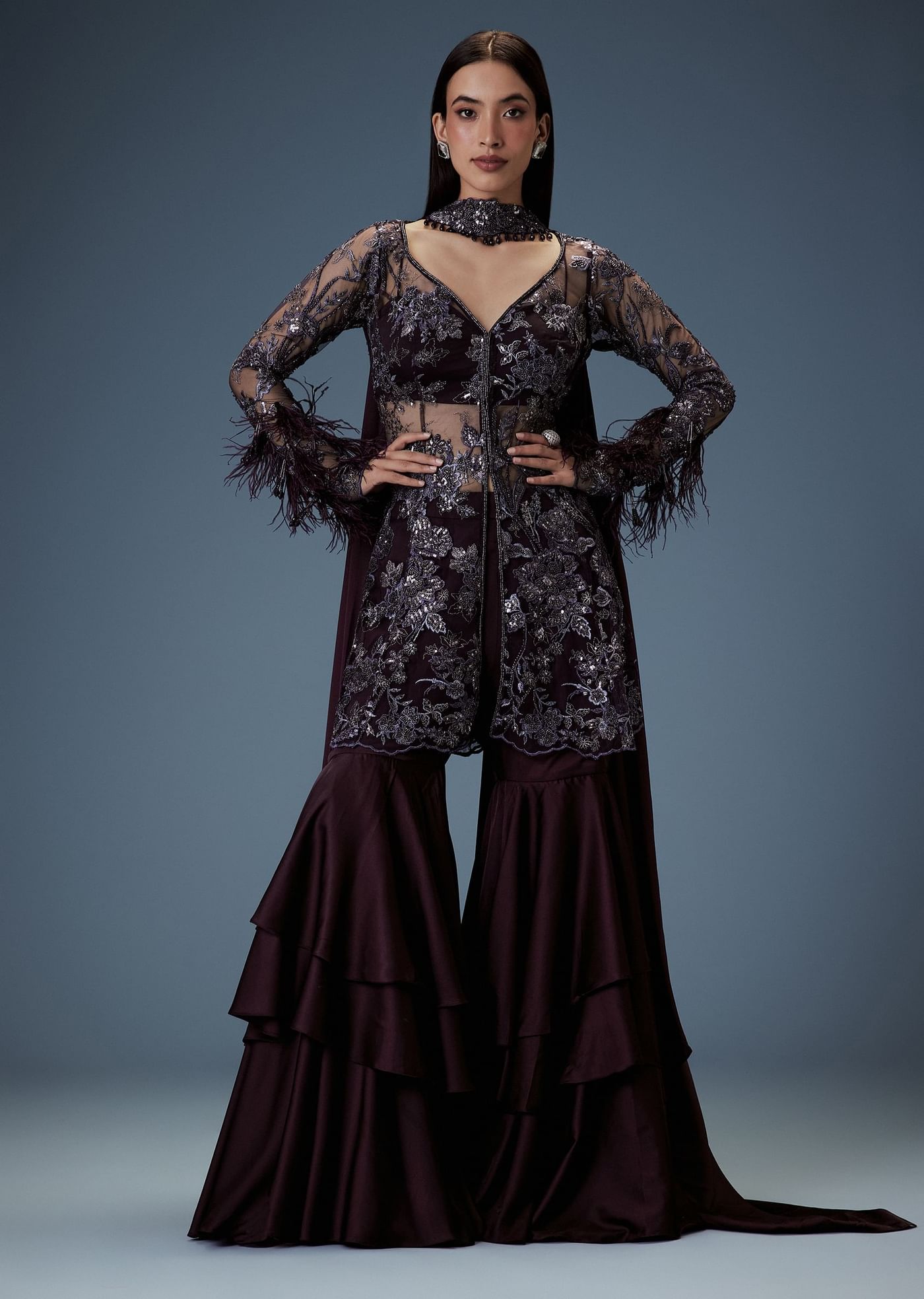 Dark Purple Satin Triple Layered Gathered Sharara With Feather Sleeves Jacket And Bustier