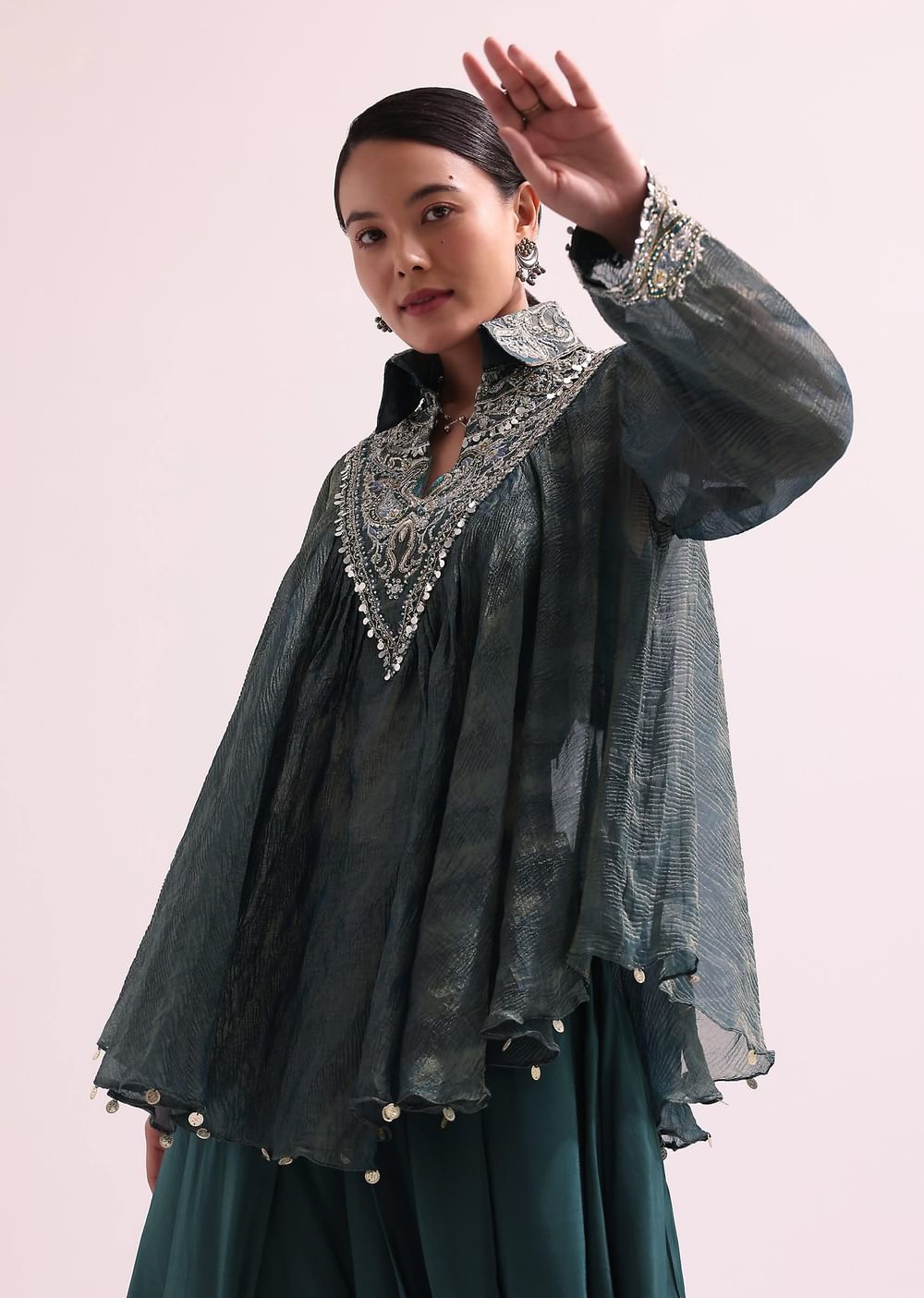 Teal Green Croptop And Dhoti With Embroidered Cape