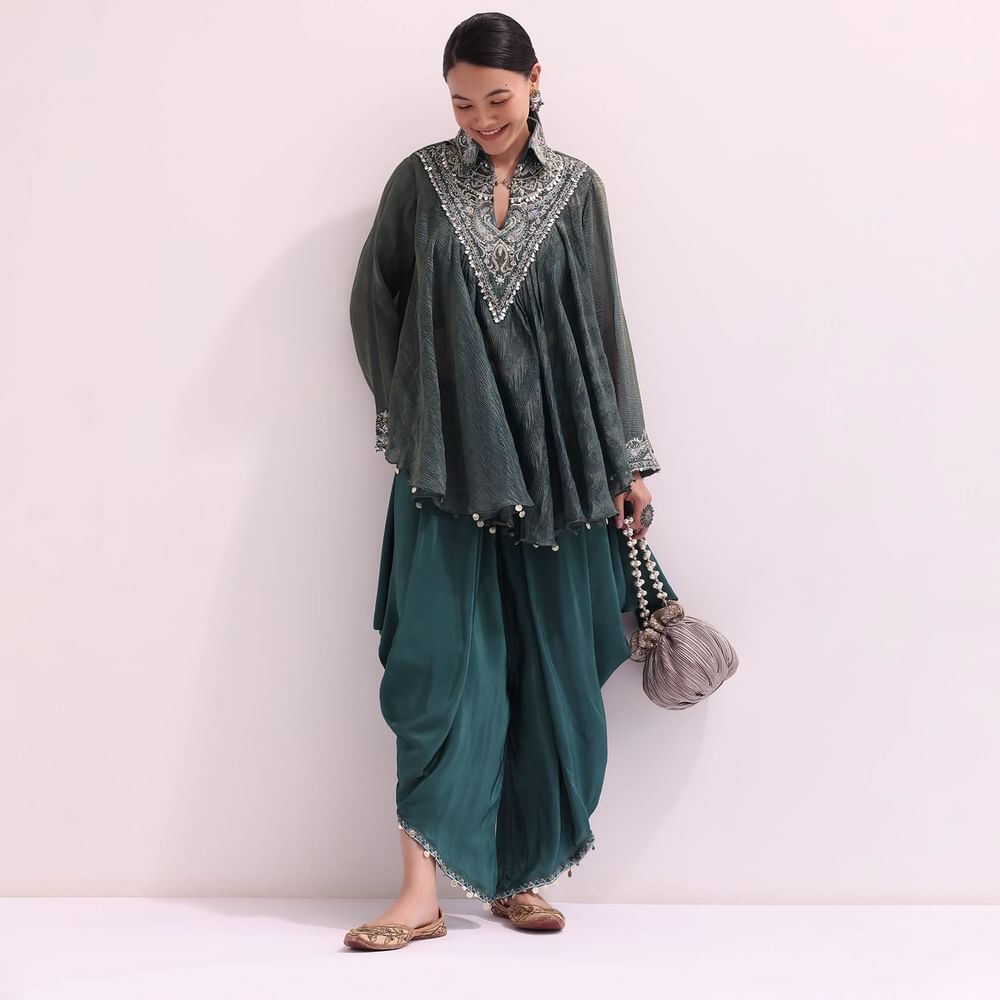 Teal Green Croptop And Dhoti With Embroidered Cape
