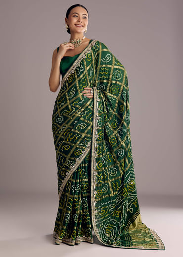 Deep Green Satin Bandhani Saree With Gota Work