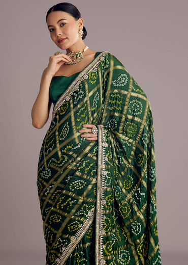 Deep Green Satin Bandhani Saree With Gota Work