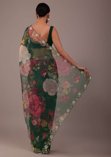 Deep Green Floral Printed Saree In Organza With Cut Dana Butti All Over