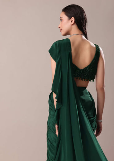 Deep Green Frill Saree With Blouse