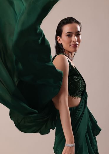 Deep Green Frill Saree With Blouse