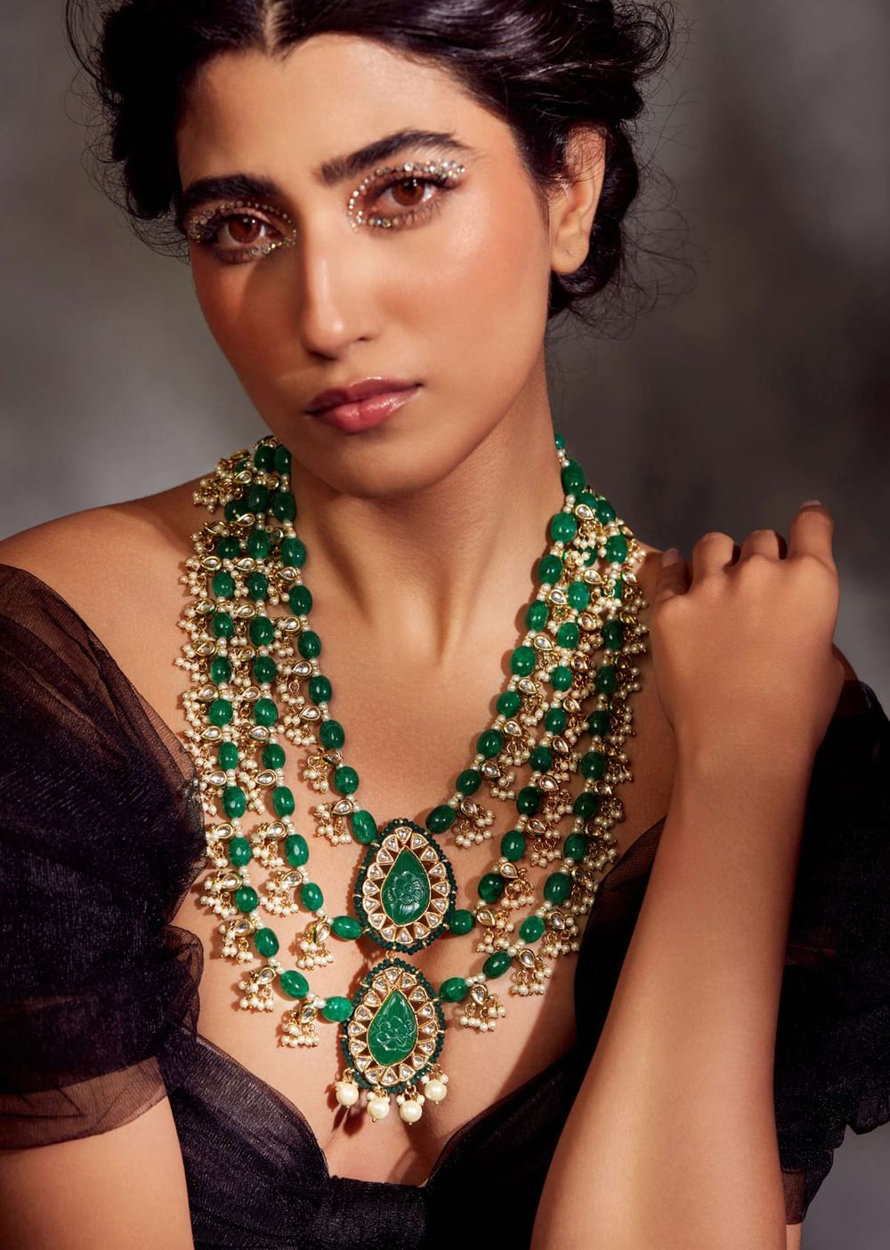 Deep Green Kundan Layered Necklace With Hand Carved Motifs