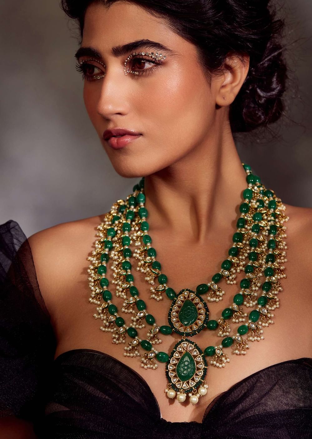 Deep Green Kundan Layered Necklace With Hand Carved Motifs