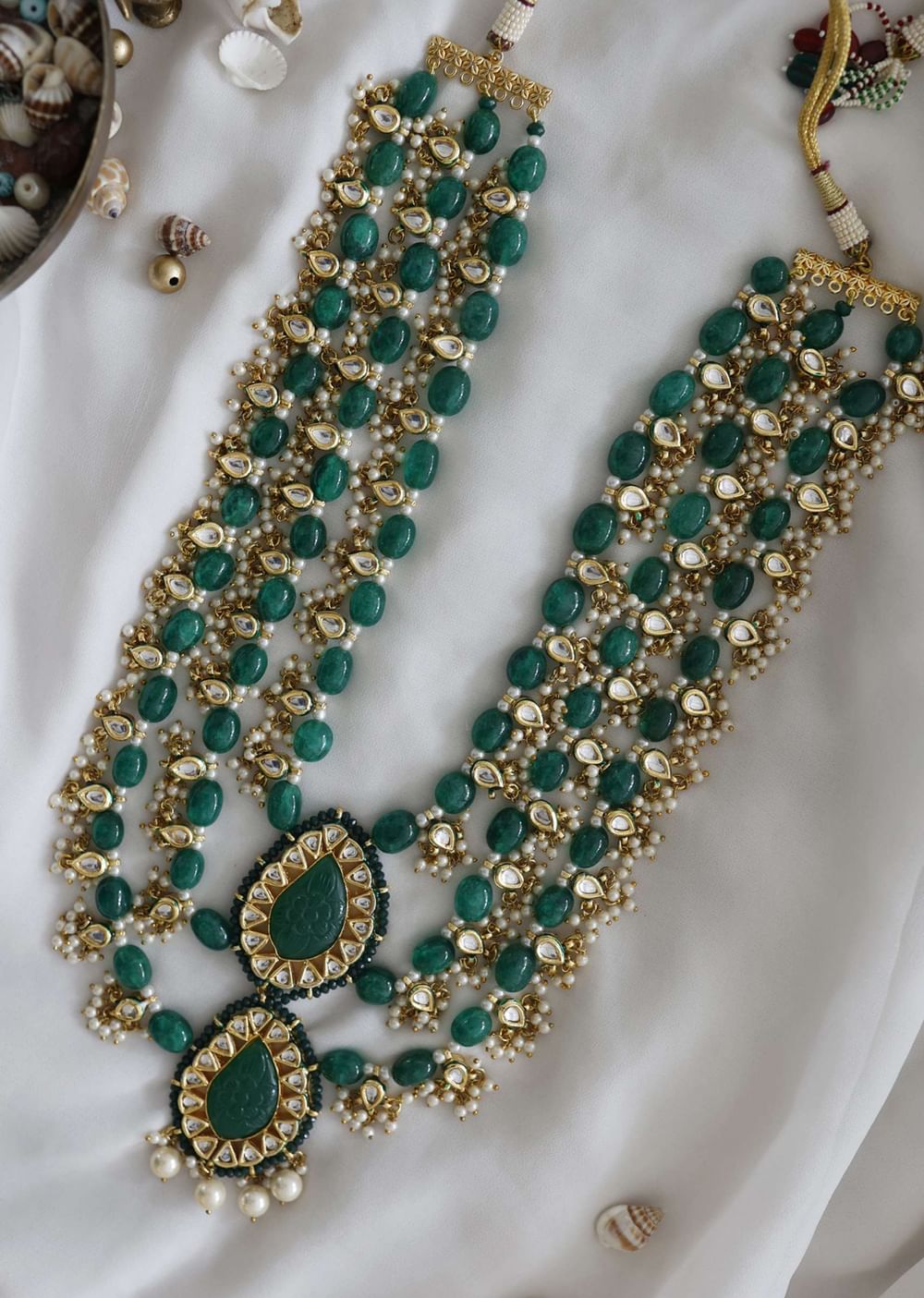 Deep Green Kundan Layered Necklace With Hand Carved Motifs