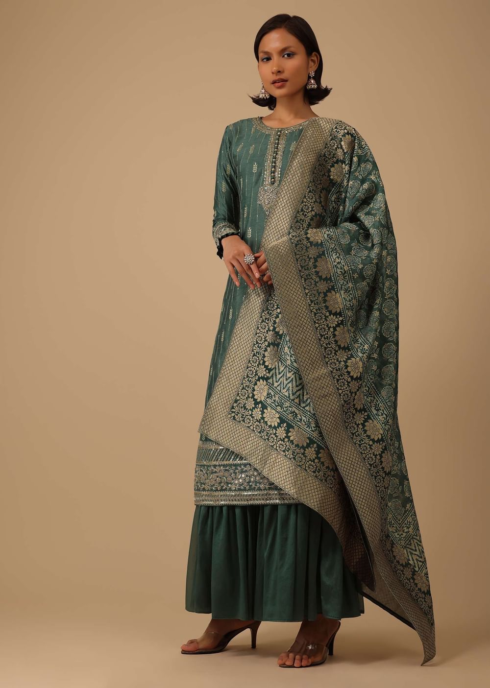 Deep Green Silk Kurti And Chiffon Sharara Set With Brocade