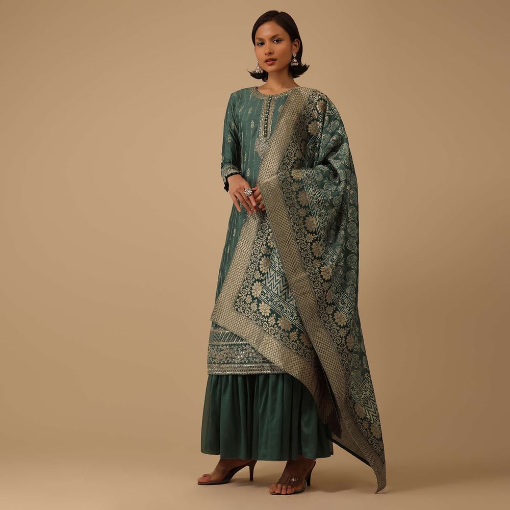 Deep Green Silk Kurti And Chiffon Sharara Set With Brocade