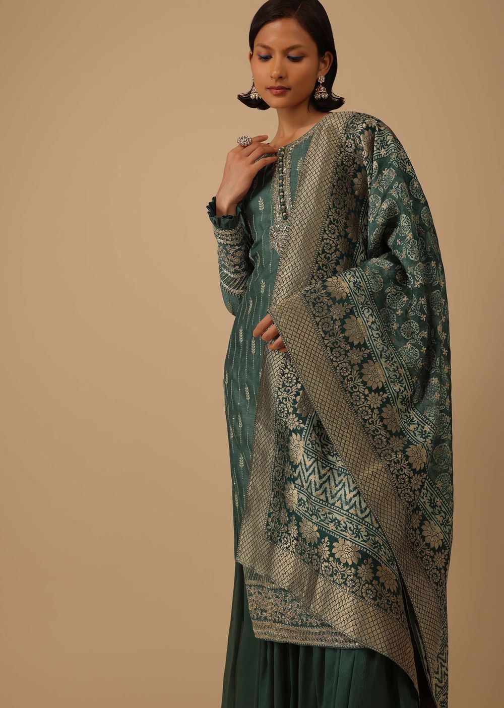 Deep Green Silk Kurti And Chiffon Sharara Set With Brocade