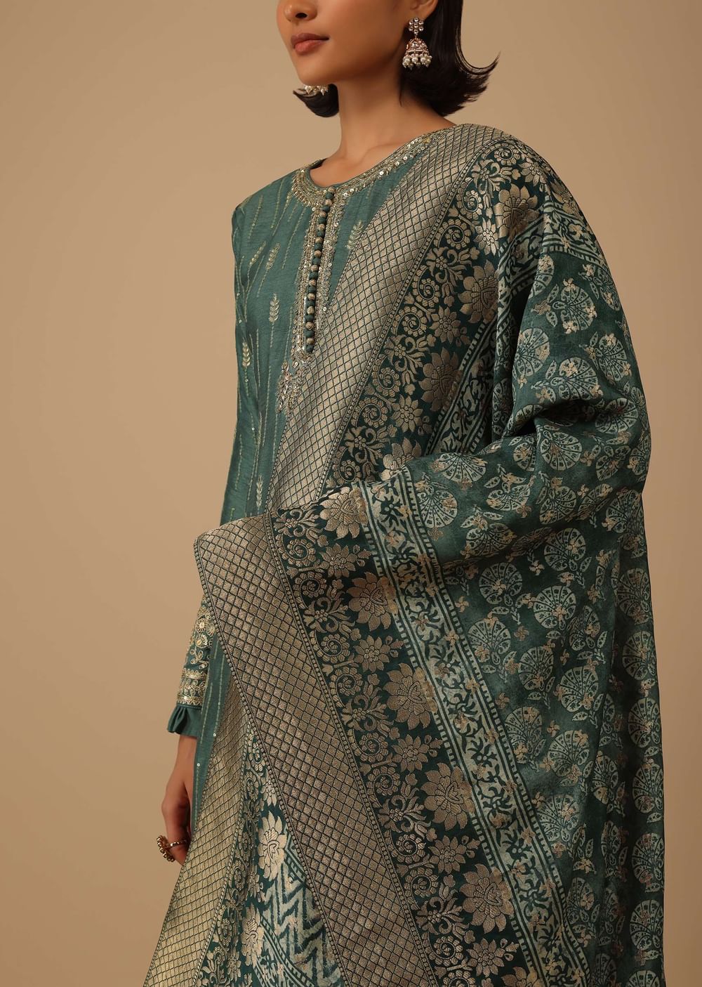 Deep Green Silk Kurti And Chiffon Sharara Set With Brocade