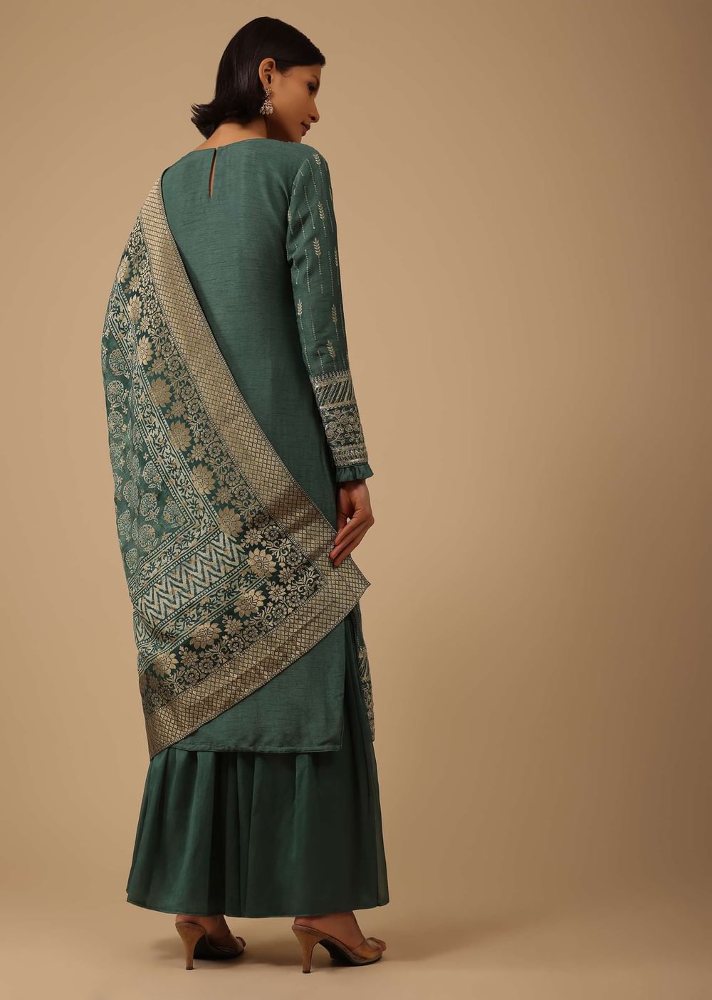 Deep Green Silk Kurti And Chiffon Sharara Set With Brocade
