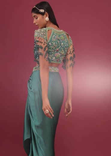 Sea Green Dhoti Crop Top Set In Satin Organza With Embroidery - NOOR 2022