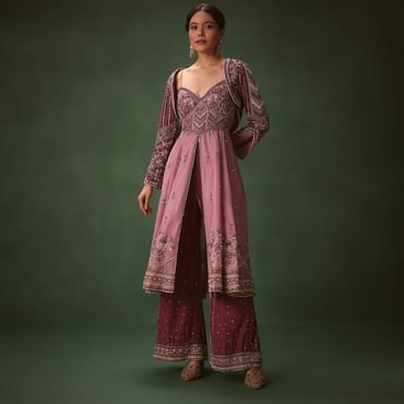 Deep Mauve Anarkali Suit Set With Velvet Pants And Embroidered Jacket