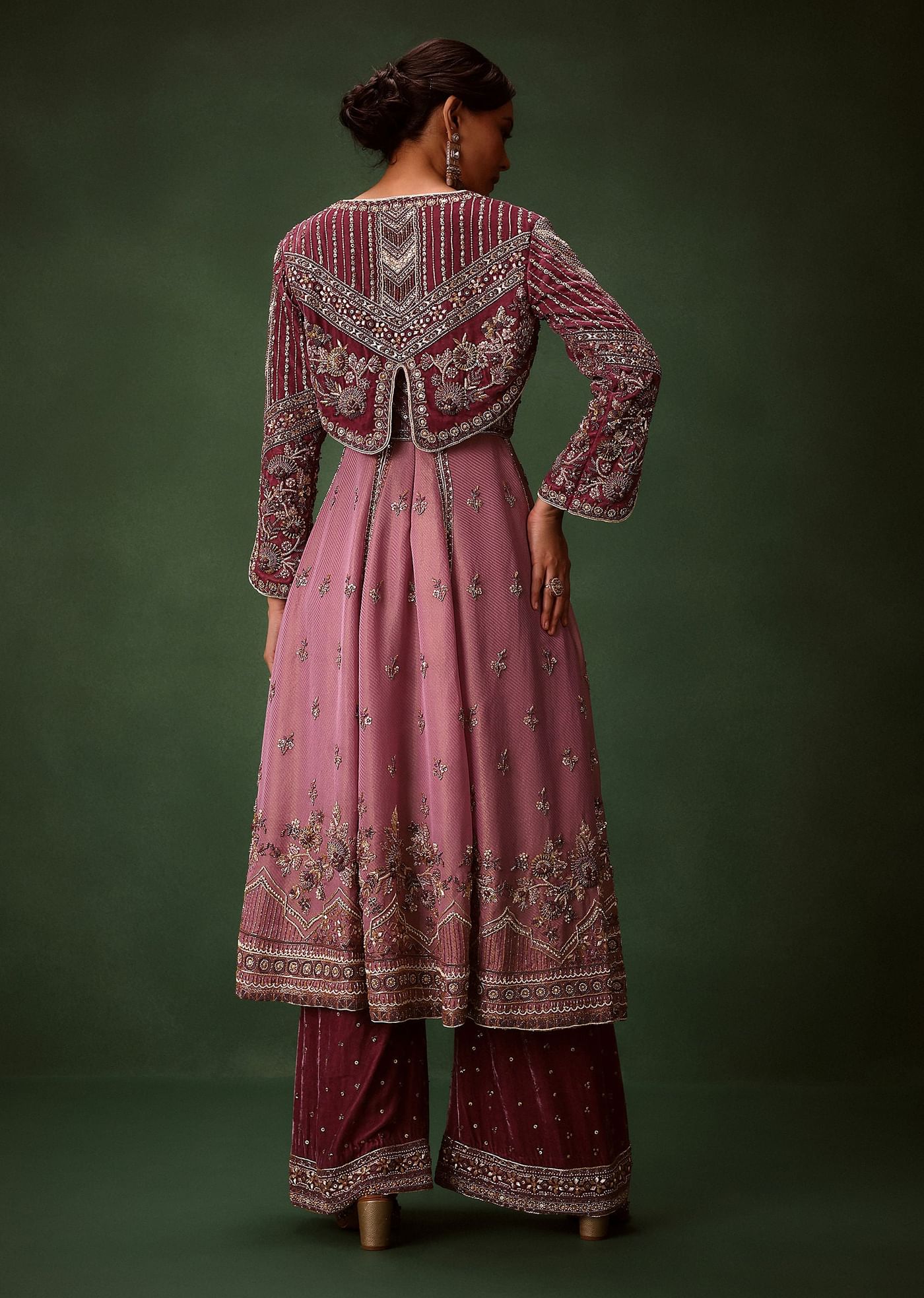 Deep Mauve Anarkali Suit Set With Velvet Pants And Embroidered Jacket
