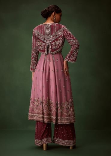 Deep Mauve Anarkali Suit Set With Velvet Pants And Embroidered Jacket