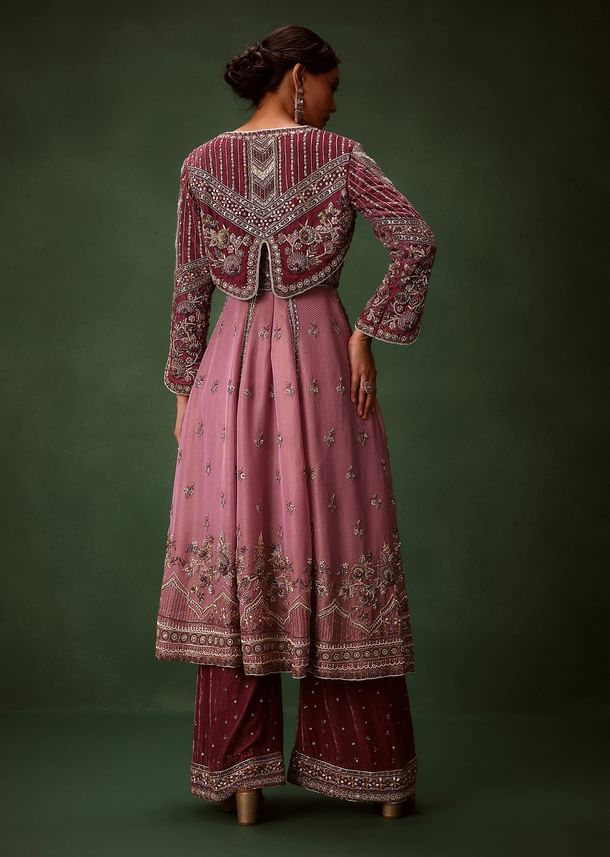 Deep Mauve Anarkali Suit Set With Velvet Pants And Embroidered Jacket