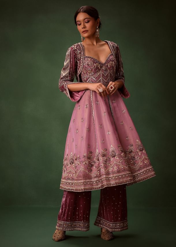 Deep Mauve Anarkali Suit Set With Velvet Pants And Embroidered Jacket