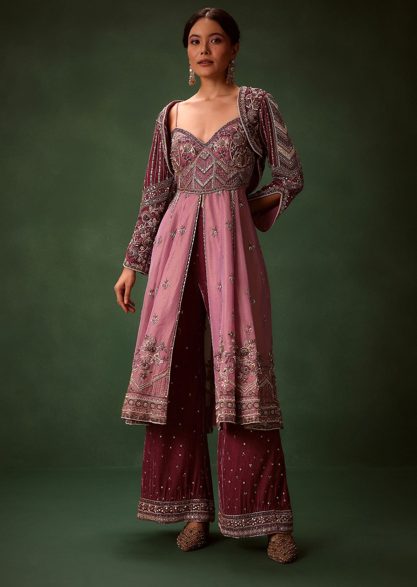 Deep Mauve Anarkali Suit Set With Velvet Pants And Embroidered Jacket