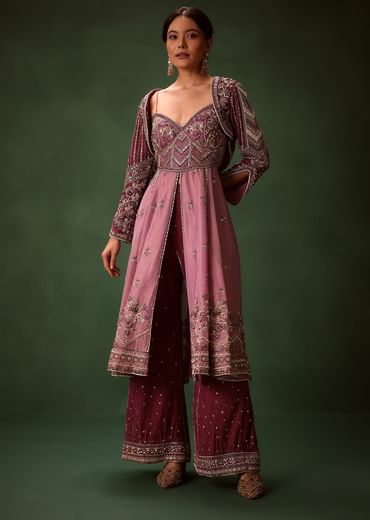 Deep Mauve Anarkali Suit Set With Velvet Pants And Embroidered Jacket