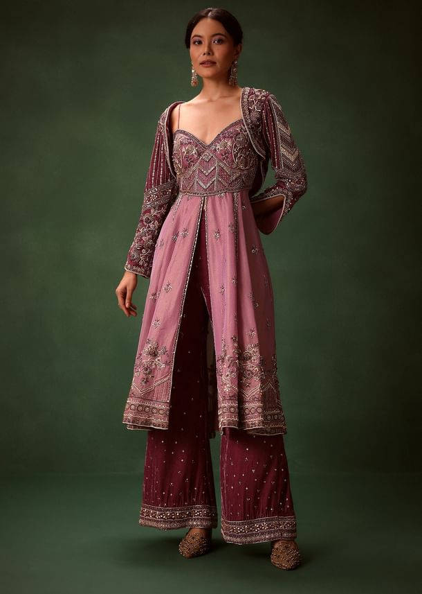 Deep Mauve Anarkali Suit Set With Velvet Pants And Embroidered Jacket