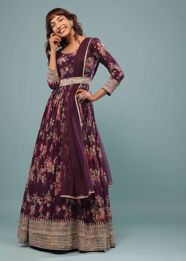 Plum Purple Embroidered Anarkali Suit With Vintage Floral Print In Georgette