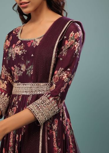 Plum Purple Embroidered Anarkali Suit With Vintage Floral Print In Georgette