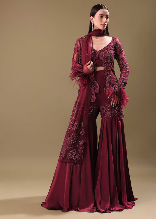 Deep Red Crepe Sharara And Blouse Set