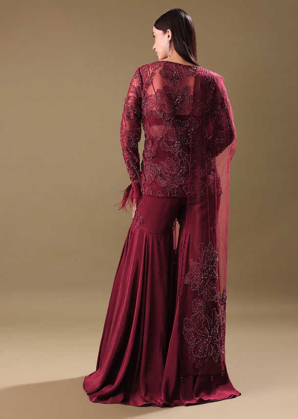 Deep Red Crepe Sharara And Blouse Set