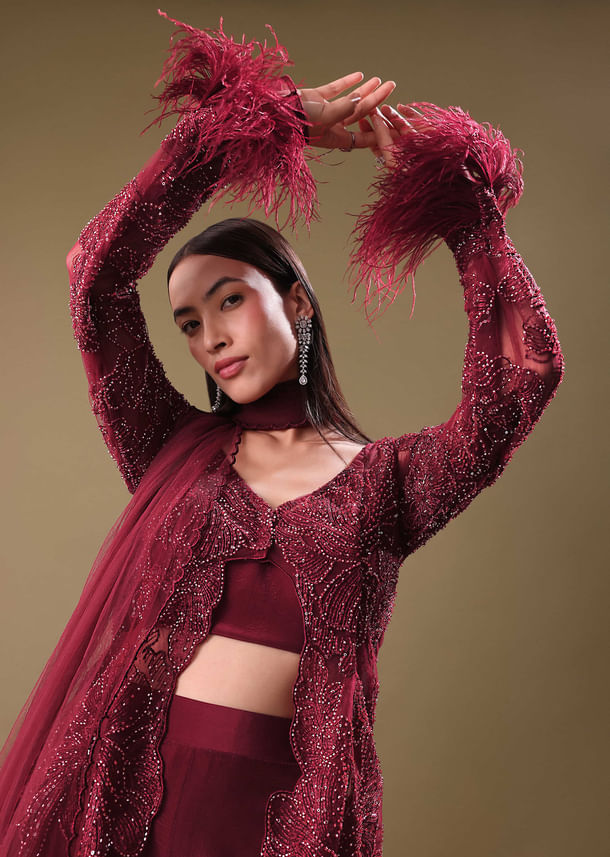 Deep Red Crepe Sharara And Blouse Set