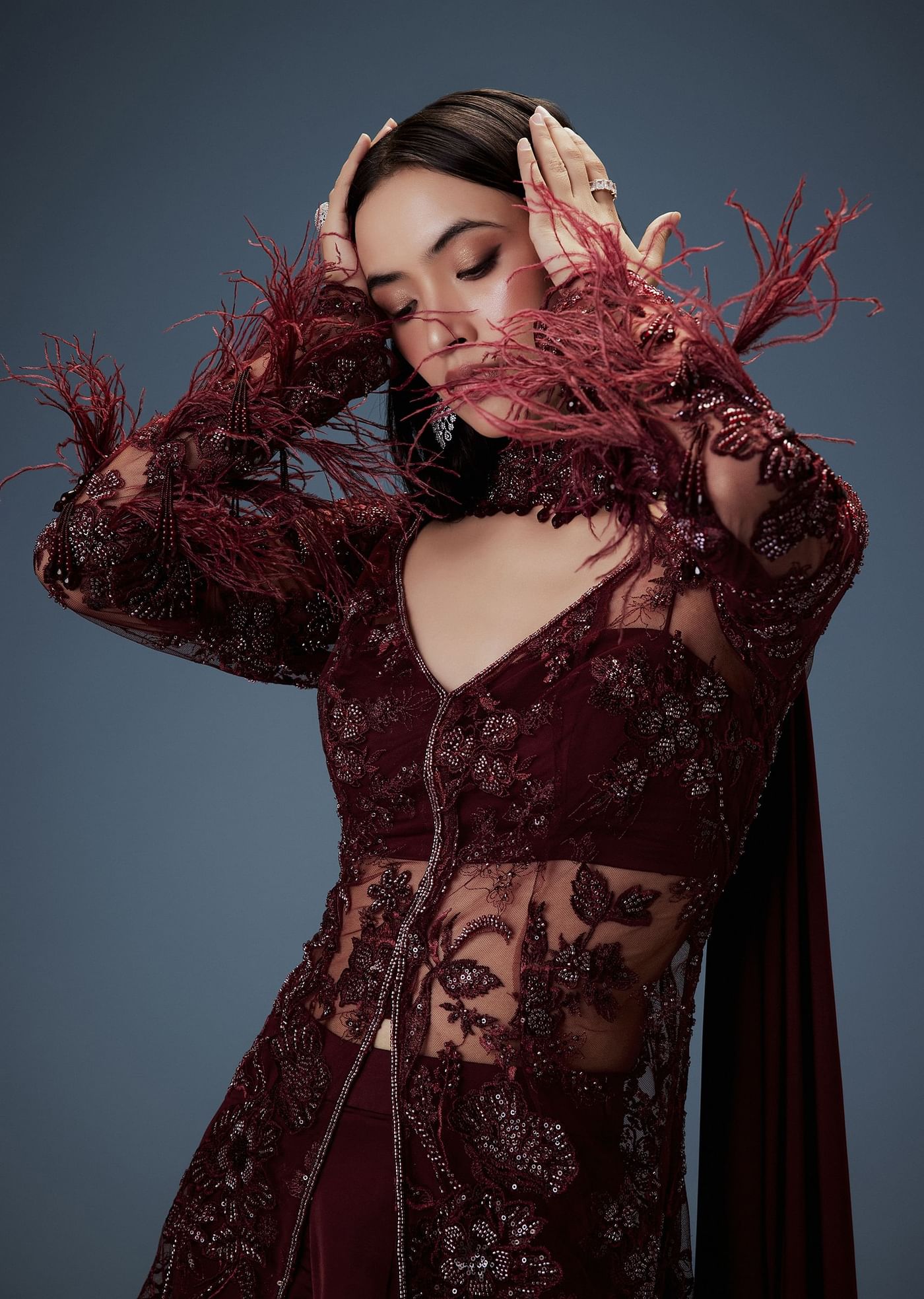 Deep Red Satin Dual Layer Gathered Sharara With Feather Sleeves Jacket And Bustier