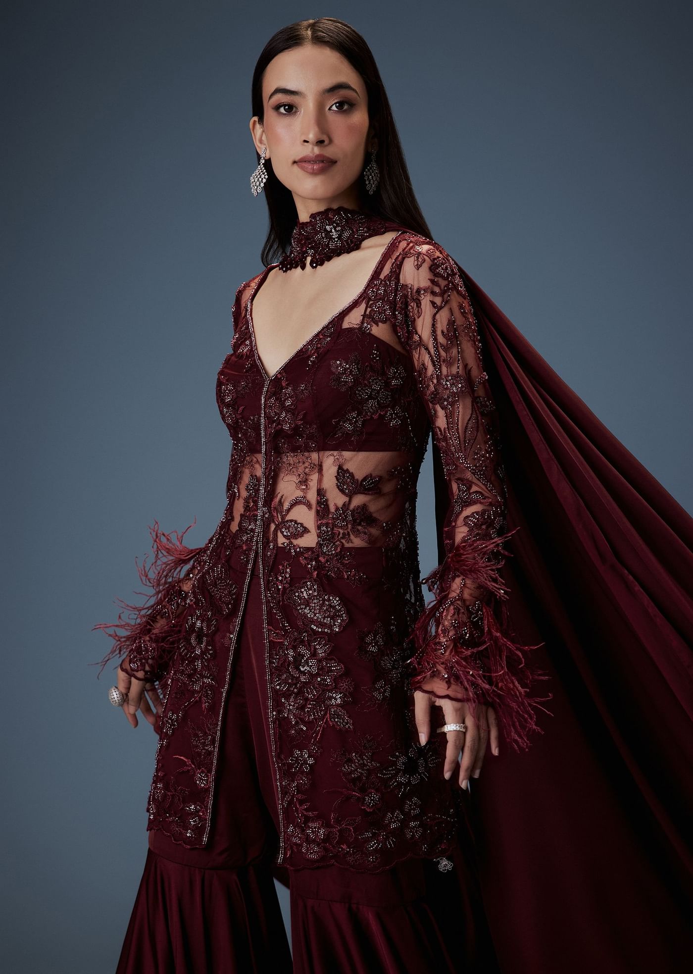Deep Red Satin Dual Layer Gathered Sharara With Feather Sleeves Jacket And Bustier