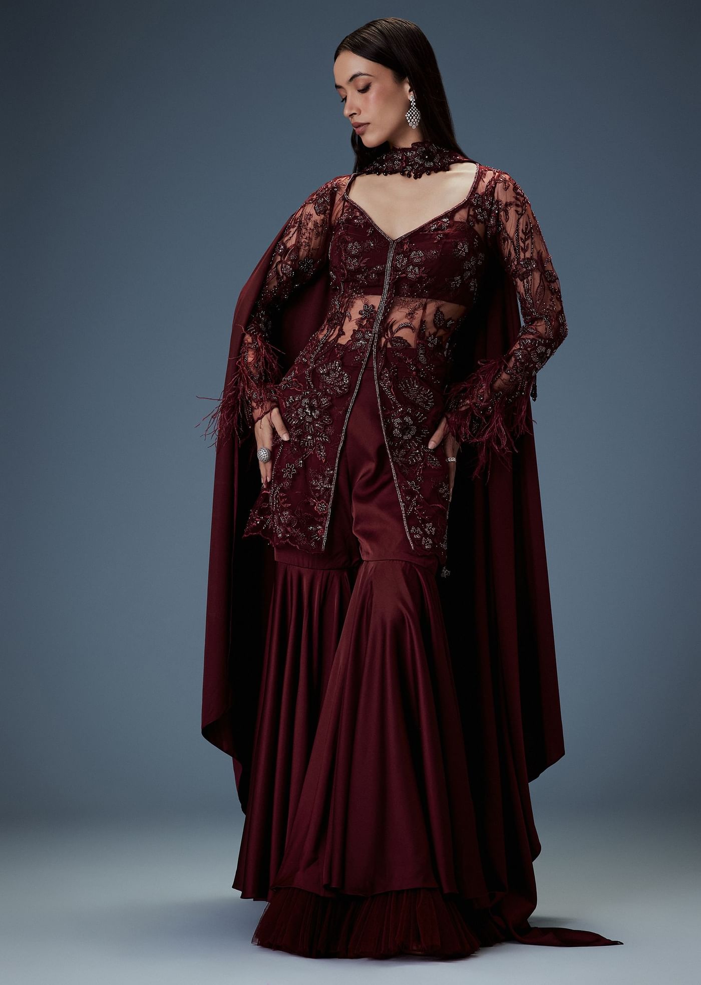 Deep Red Satin Dual Layer Gathered Sharara With Feather Sleeves Jacket And Bustier