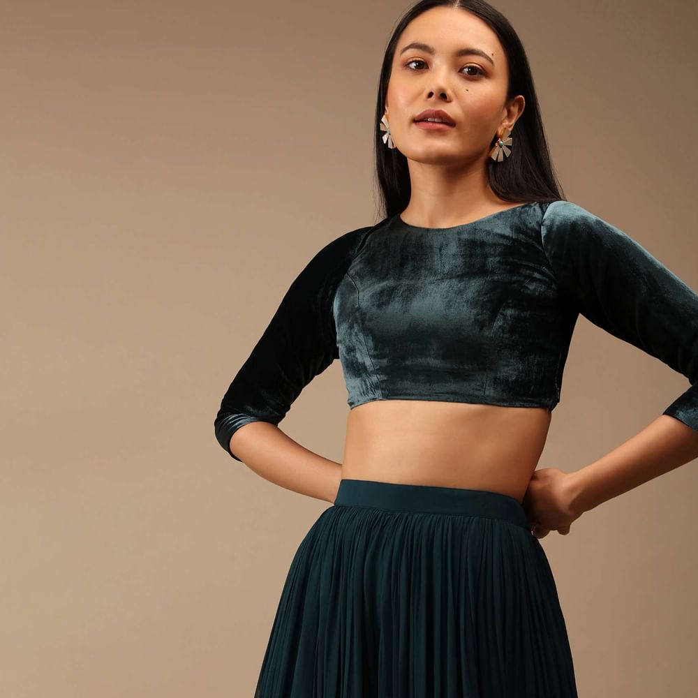 Deep Teal Blue Blouse In Velvet With Three Quarter Sleeves And Round Neckline