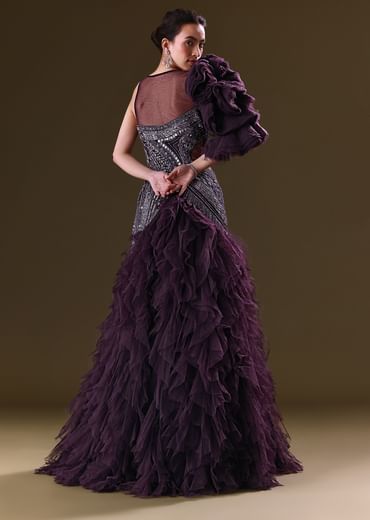 Deep Violet Mermaid Fit Asymmetric Gown With Ruffle Detailing