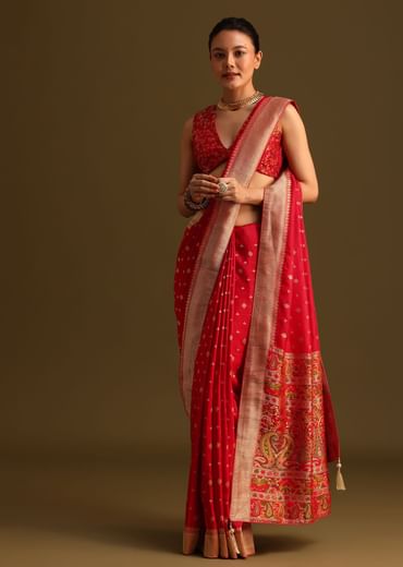 Dola Silk Red Bandhani Saree With Meenakari Border Pallu And Unstitched Blouse