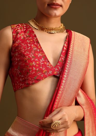 Dola Silk Red Bandhani Saree With Meenakari Border Pallu And Unstitched Blouse