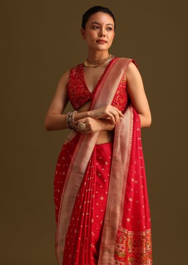 Dola Silk Red Bandhani Saree With Meenakari Border Pallu And Unstitched Blouse