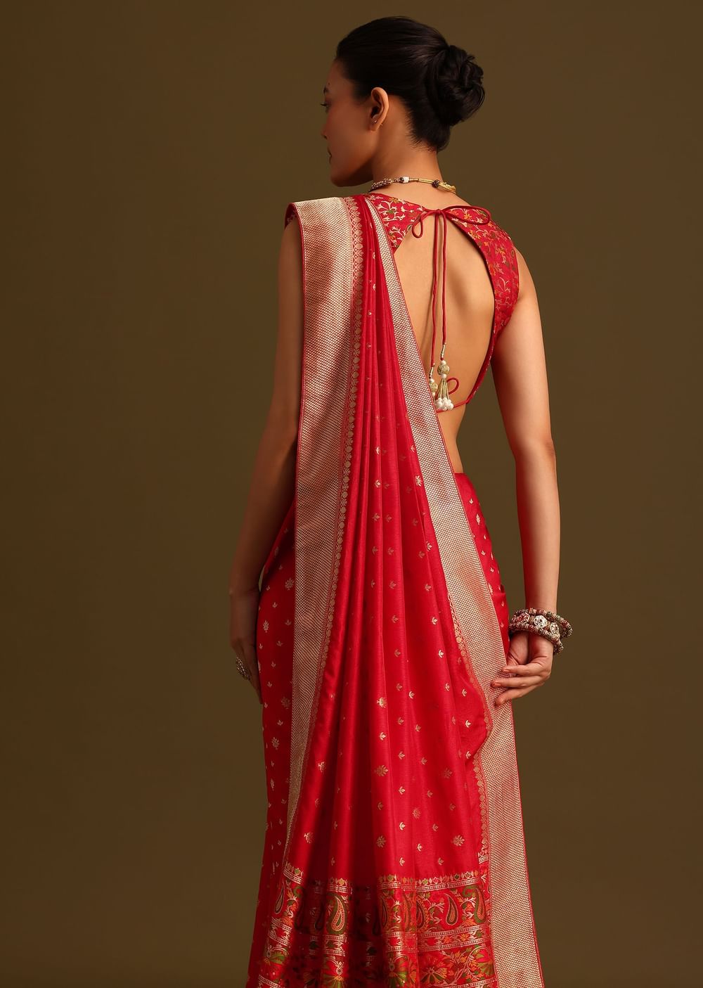 Dola Silk Red Bandhani Saree With Meenakari Border Pallu And Unstitched Blouse