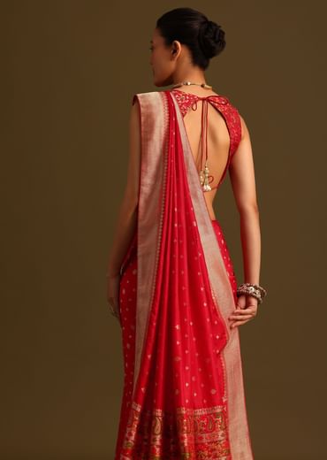 Dola Silk Red Bandhani Saree With Meenakari Border Pallu And Unstitched Blouse