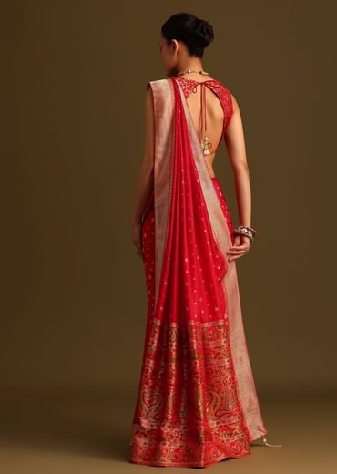 Dola Silk Red Bandhani Saree With Meenakari Border Pallu And Unstitched Blouse