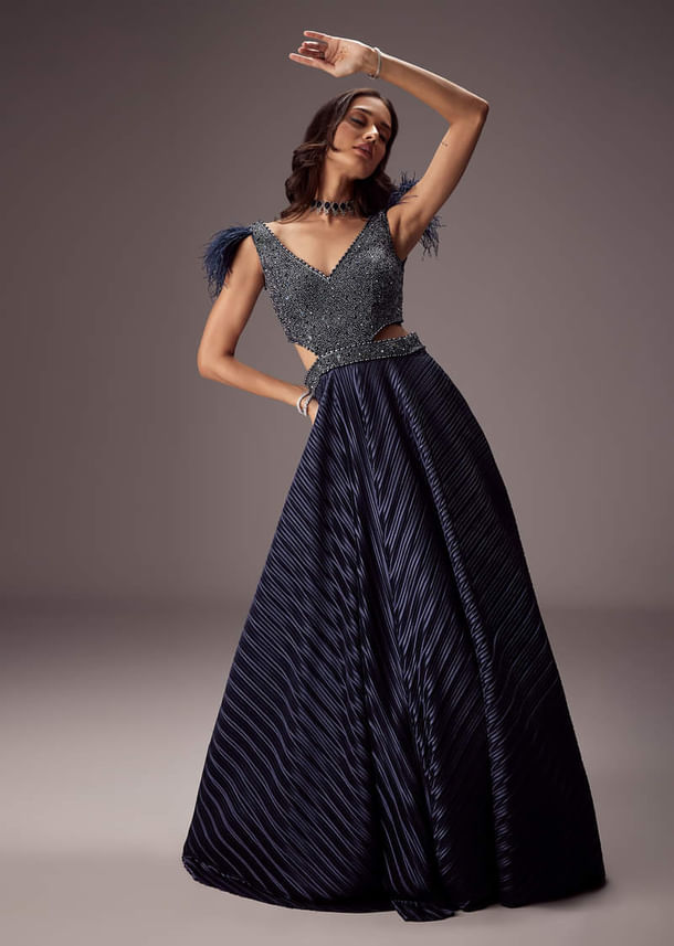 Double Ghera Navy Gown With Feather Accents Double Ghera Navy Gown With Feather Accents