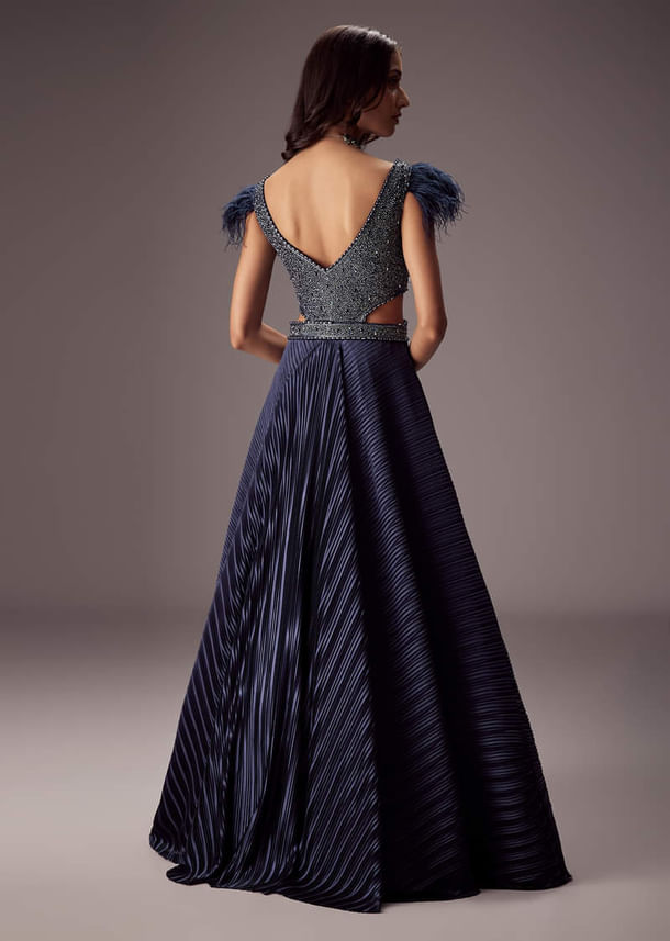 Double Ghera Navy Gown With Feather Accents Double Ghera Navy Gown With Feather Accents