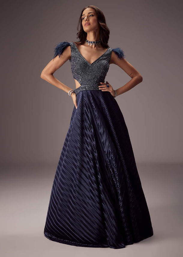 Double Ghera Navy Gown With Feather Accents Double Ghera Navy Gown With Feather Accents