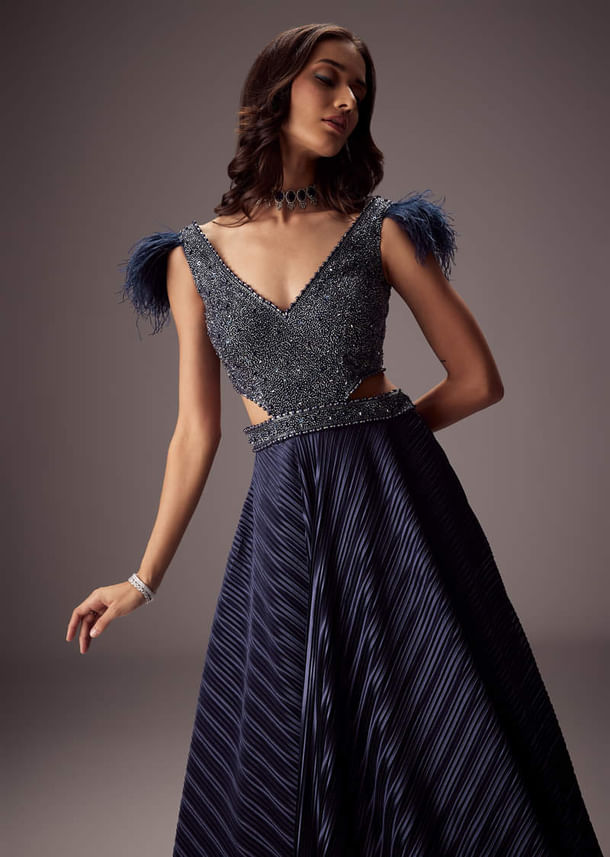 Double Ghera Navy Gown With Feather Accents Double Ghera Navy Gown With Feather Accents