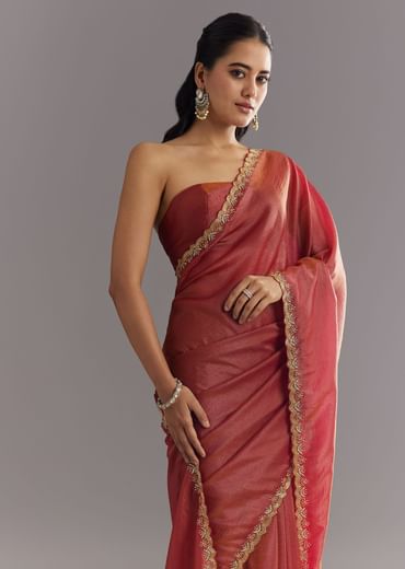 Dusky Brown Crushed Tissue Saree With Stones Cutdana Embroidered Scallop Border