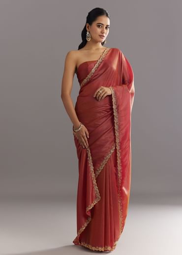 Dusky Brown Crushed Tissue Saree With Stones Cutdana Embroidered Scallop Border