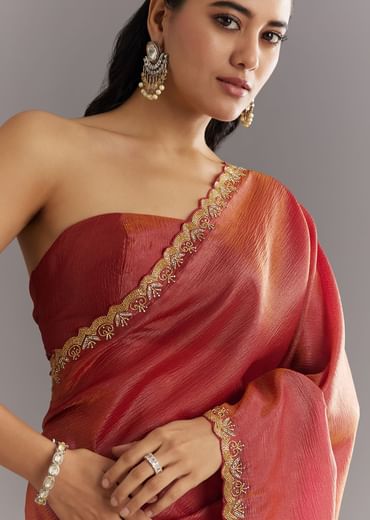 Dusky Brown Crushed Tissue Saree With Stones Cutdana Embroidered Scallop Border