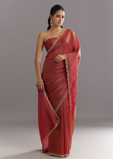 Dusky Brown Crushed Tissue Saree With Stones Cutdana Embroidered Scallop Border